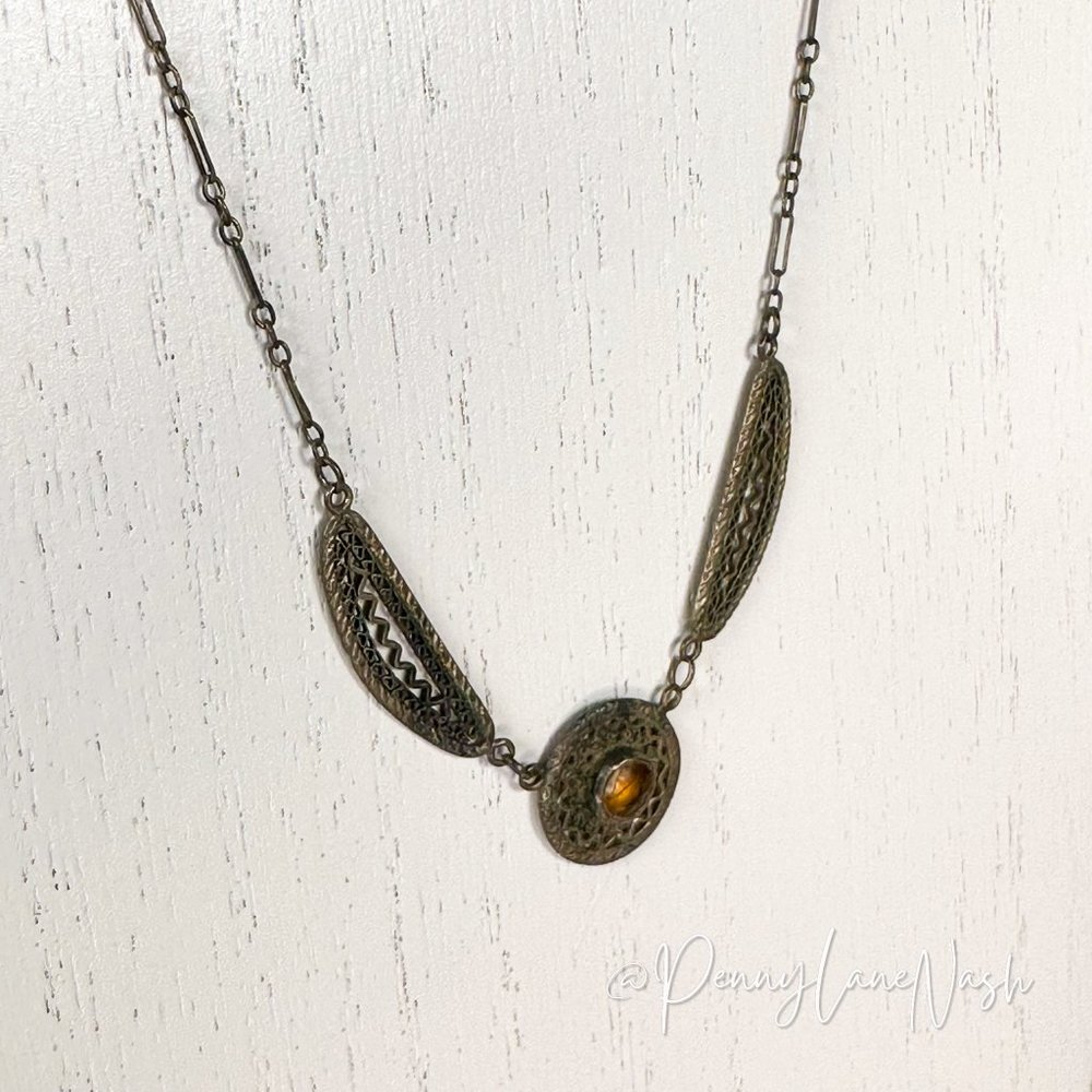 Vintage Brass Circle w/ Dual Feathers Festoon Necklace - Picture 2 of 3